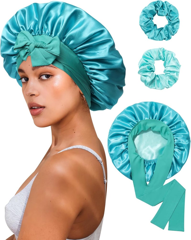 CHLINS Reversible Satin Bonnet for Sleeping Women Double Layer Hair Bonnet with 2PCS Hair Scrunchies Elastic Tie Band Night Cap - Image 1